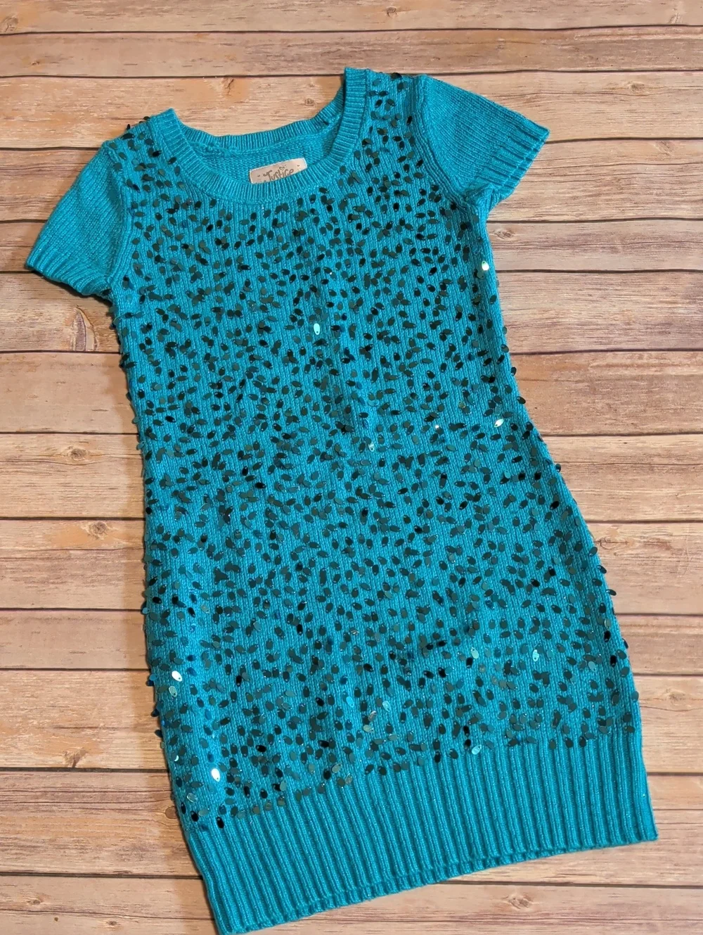 Kids Teal Sequin Sweater Dress